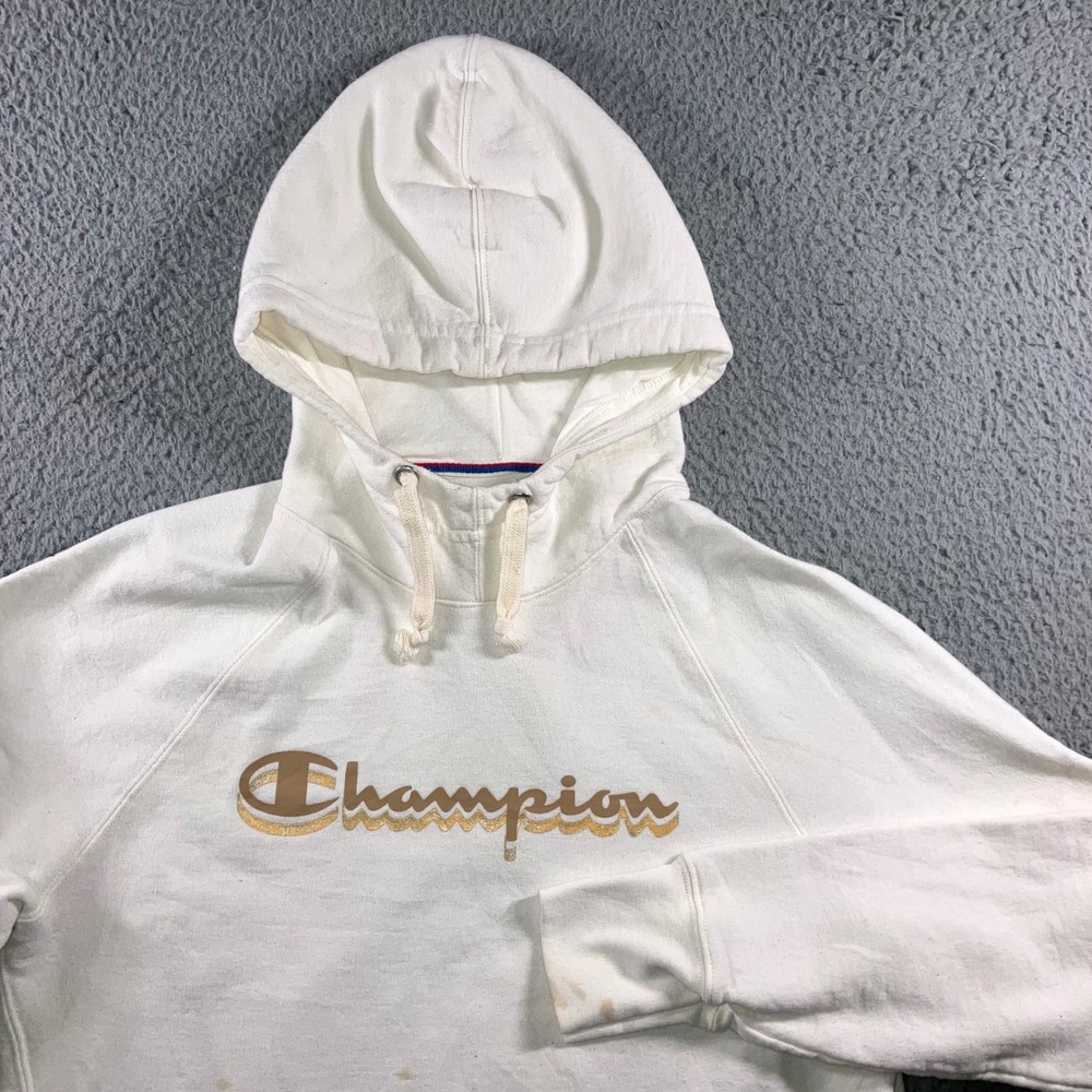 Champion Hoodie Mens M Off White Thrashed Streetwear Grunge Script Logo Pullover
